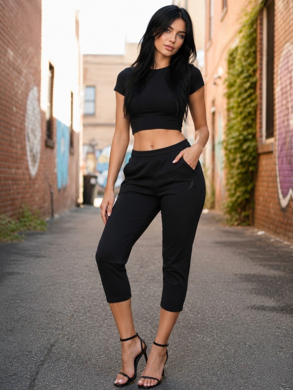 EUC K. Jordan Black Knee Length Leggings L Large High Waist Capri Slit Hem